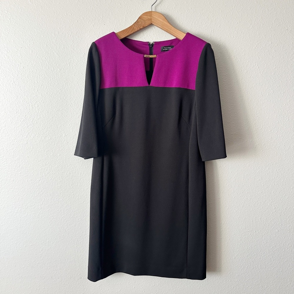 Tahari ASL Fuchsia Colorblock Keyhole Neck Elbow Sleeve Sheath Dress Size 14